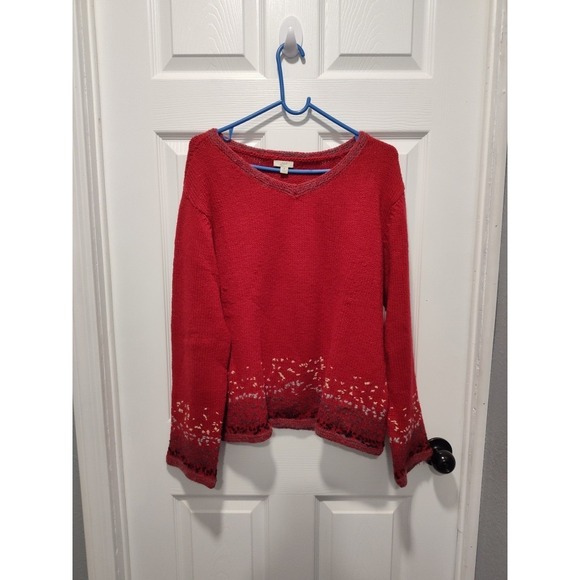 J. Jill Sweaters - J Jill Sweater Red Gray V-Neck‎ Embroidered Linen Lambswool Mohair size Medium